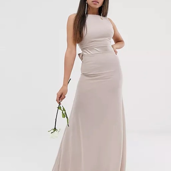 asos mink bridesmaid dresses TFNC Tall bridesmaid drape shoulder asymmetric maxi dress in mink